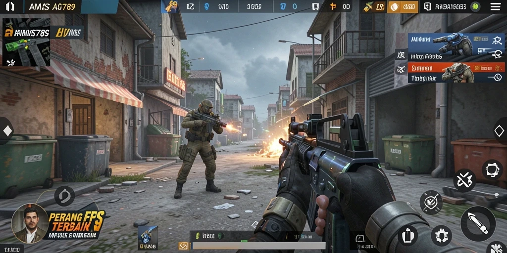 Menampilkan aksi seru dalam game FPS yang mendebarkan.