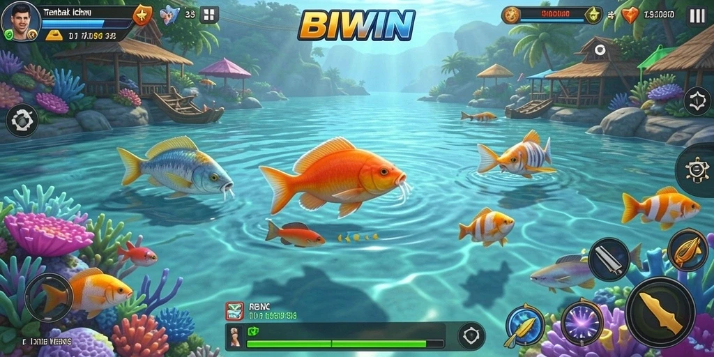 Tampilan gameplay seru dalam BIWIN saat menembak ikan.