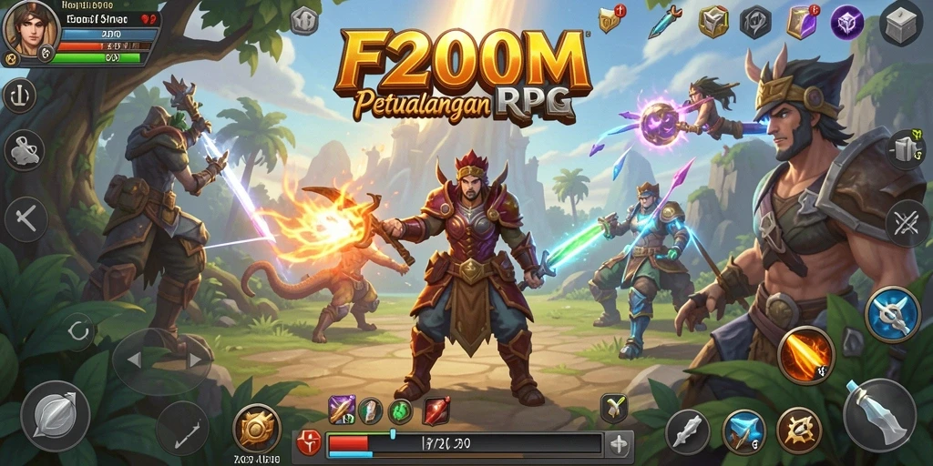 Screenshot gameplay F200M menunjukkan aksi epik dalam petualangan RPG.