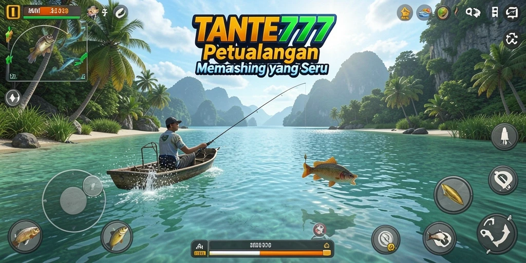 Screenshot gameplay TANTE777 menampilkan petualangan memancing yang seru.